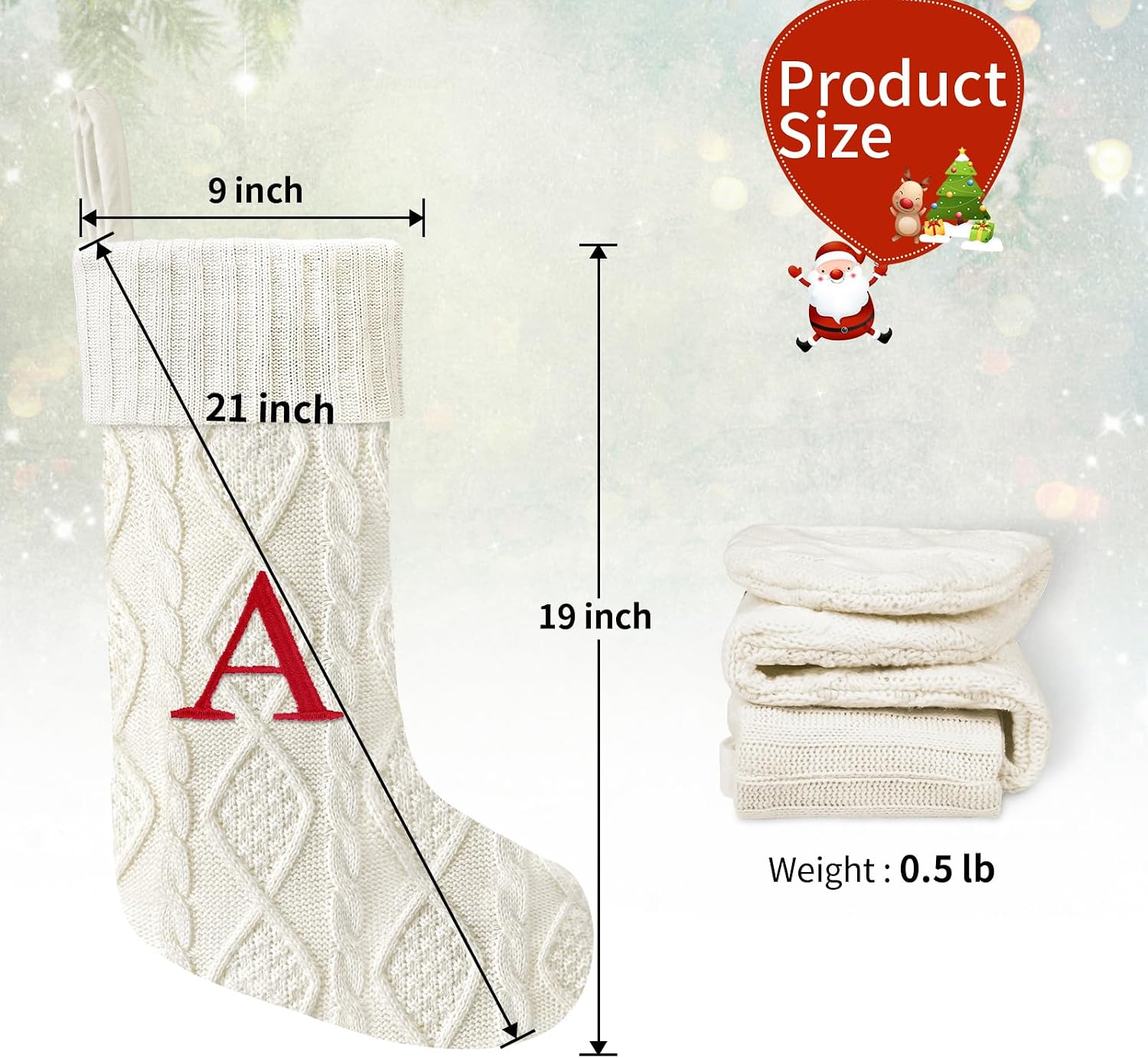 21 Inches Knitted Christmas Stockings with Initials, Large White Custom Monogram Embroidery Christmas Stockings with Letter, Personalized Xmas Decoration for Holiday Family Party-A