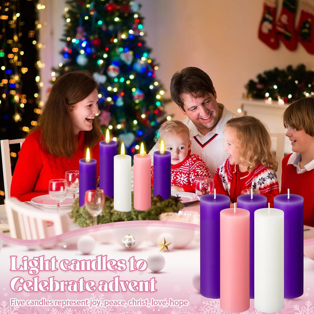 Cindeer 2 x 7 Inch Advent Candles Set of 5 for Advent Wreaths Candle Holder Votive Purple Pink Christmas Pillar Scented Candles for Seasonal Celebration Home Church