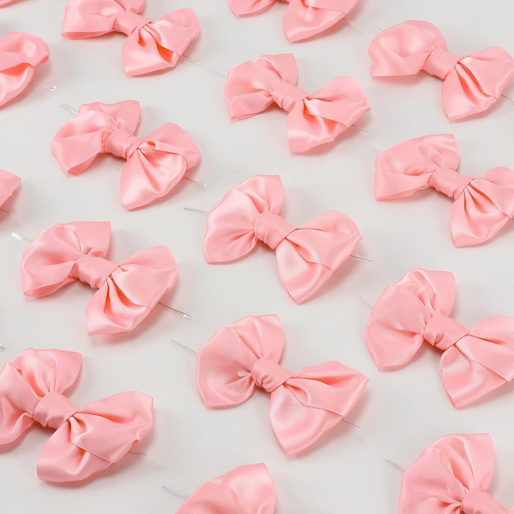AIMUDI Pink Satin Ribbon Twist Tie Bows for Treat Bags 3.5" Baby Pink Bows for Crafts Small Pink Bows for Baby Shower Premade Bows for Cake Pops Candy Apple Wedding Favors Bridal Shower -24 Counts