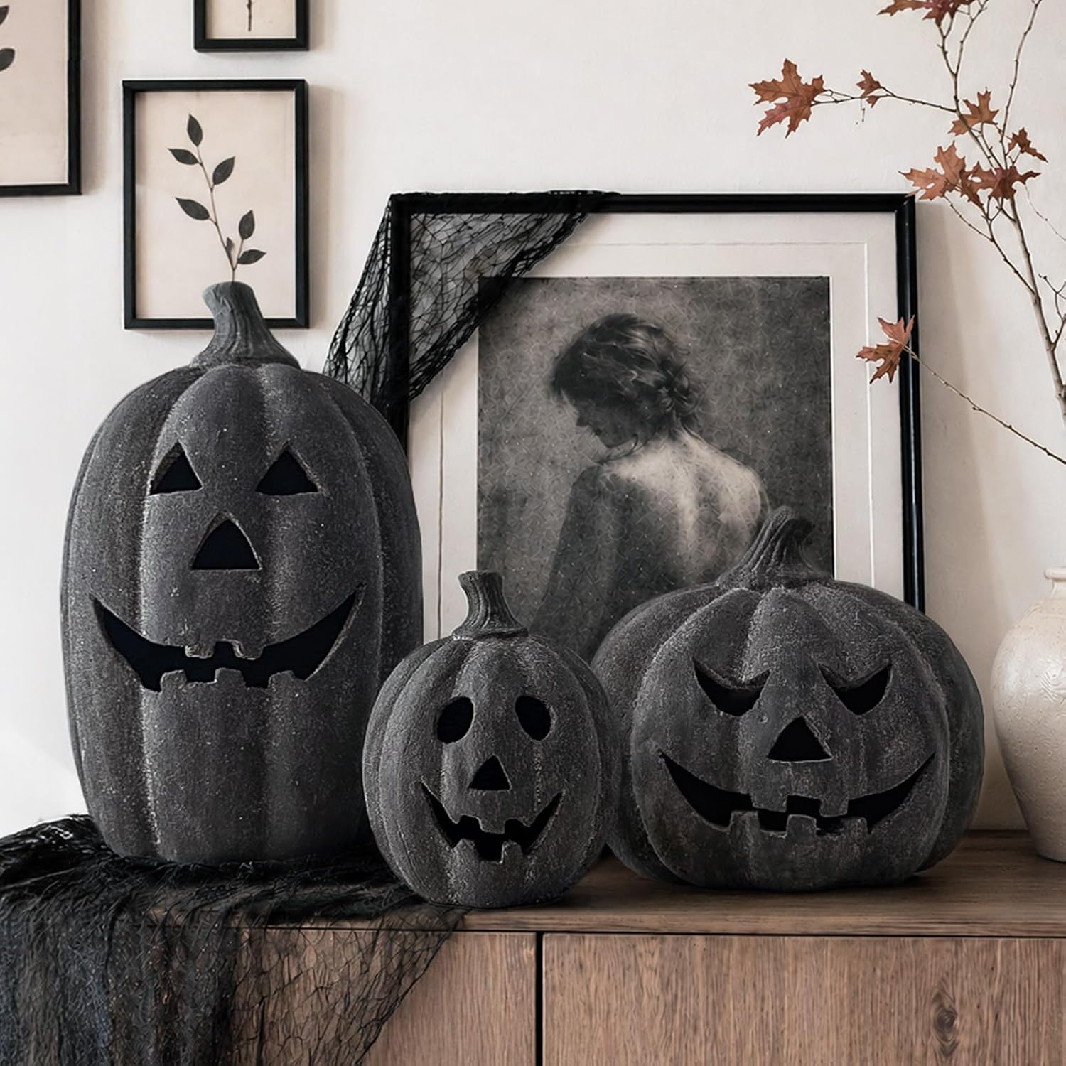 Halloween Decorations - Fall Decor - 7.5"H Black Handmade Terracotta Jack O Lantern Pumpkin for Outdoor Indoor -Cute Spooky Decoration Centerpieces for Tables Porch Yard Home Kitchen Front Door Mantel