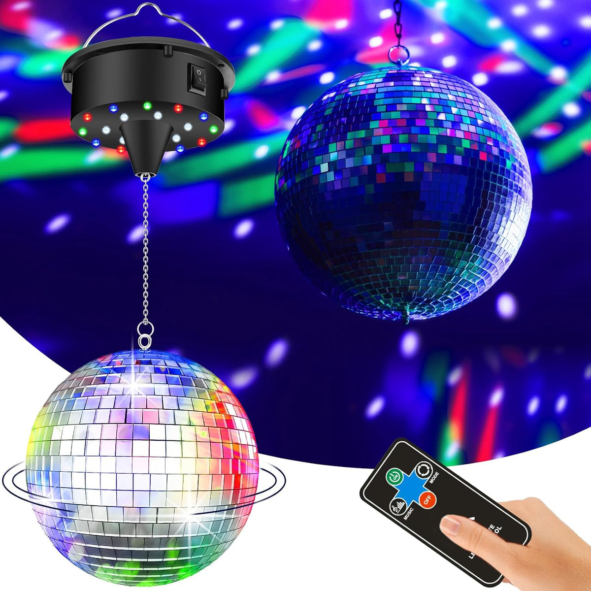 Disco Ball with Motor and 6" Mirror Ball, 10RPM Discoball Spinner and Light