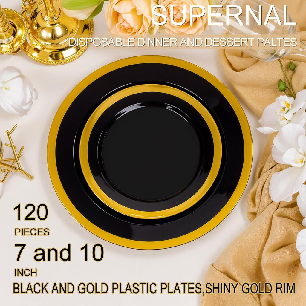 supernal 120-pack black and gold plastic plates, 60, package contents