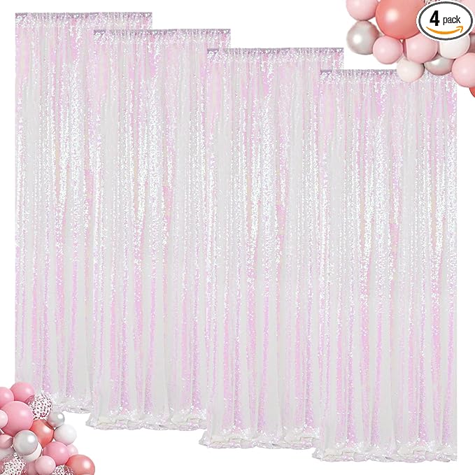 ShinyBeauty Sequin Backdrop 4 Panels White Sequin Curtains Photo Backdrop Shimmer Backgrounds for Christmas, Wedding, Studio Photography, Iridescent Party Curtains (2FTx8FT,Iridescent White)