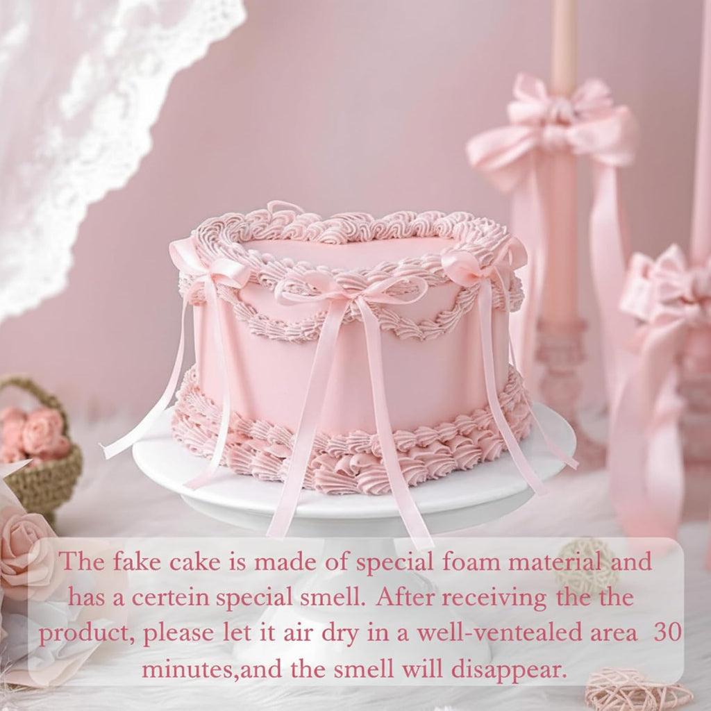 Remerry 6 Inch Pink Bow Fake Cake Coquettish Birthday Fake Cake Decor Wedding Dessert Props Reusable Artificial Heart Dessert for Props Women Birthday Gift Anniversary Party Decor
