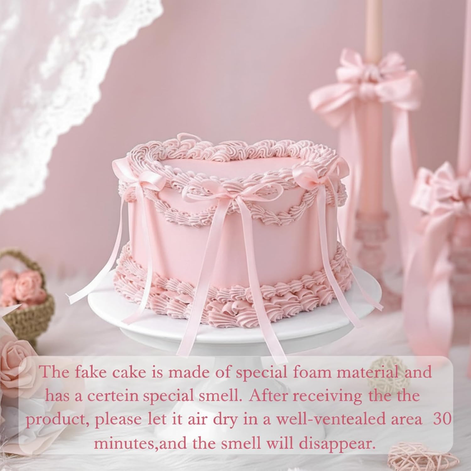Remerry 6 Inch Pink Bow Fake Cake Coquettish Birthday Fake Cake Decor Wedding Dessert Props Reusable Artificial Heart Dessert for Props Women Birthday Gift Anniversary Party Decor