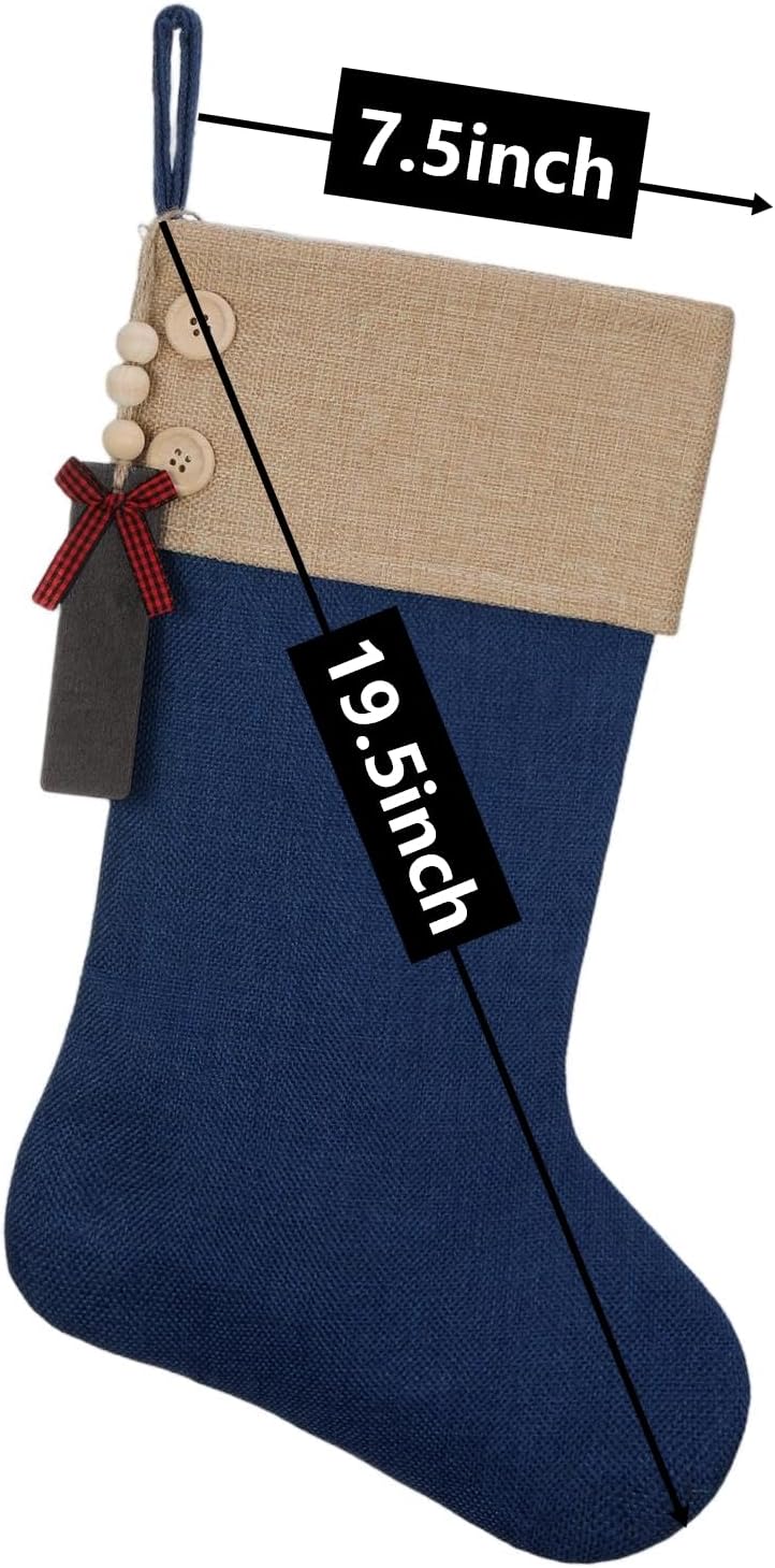 Burlap Christmas Stocking,19.5 Inch Fireplace Hanging Stockings with Wooden Tags DIY Name, Family Holiday Decorations and Xmas Gift,Blue 5Pcs