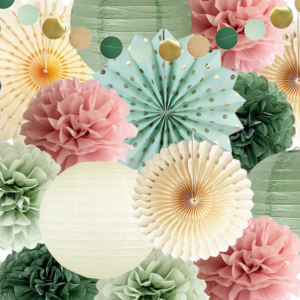 Sage Green and Dusty Pink Party Decorations Green & Pink Party Decor Sage Tissue Pom Poms Paper Lanterns Beige Paper Fans for Women Girls Birthday Wedding Bridal Shower Baby Shower Party Decor