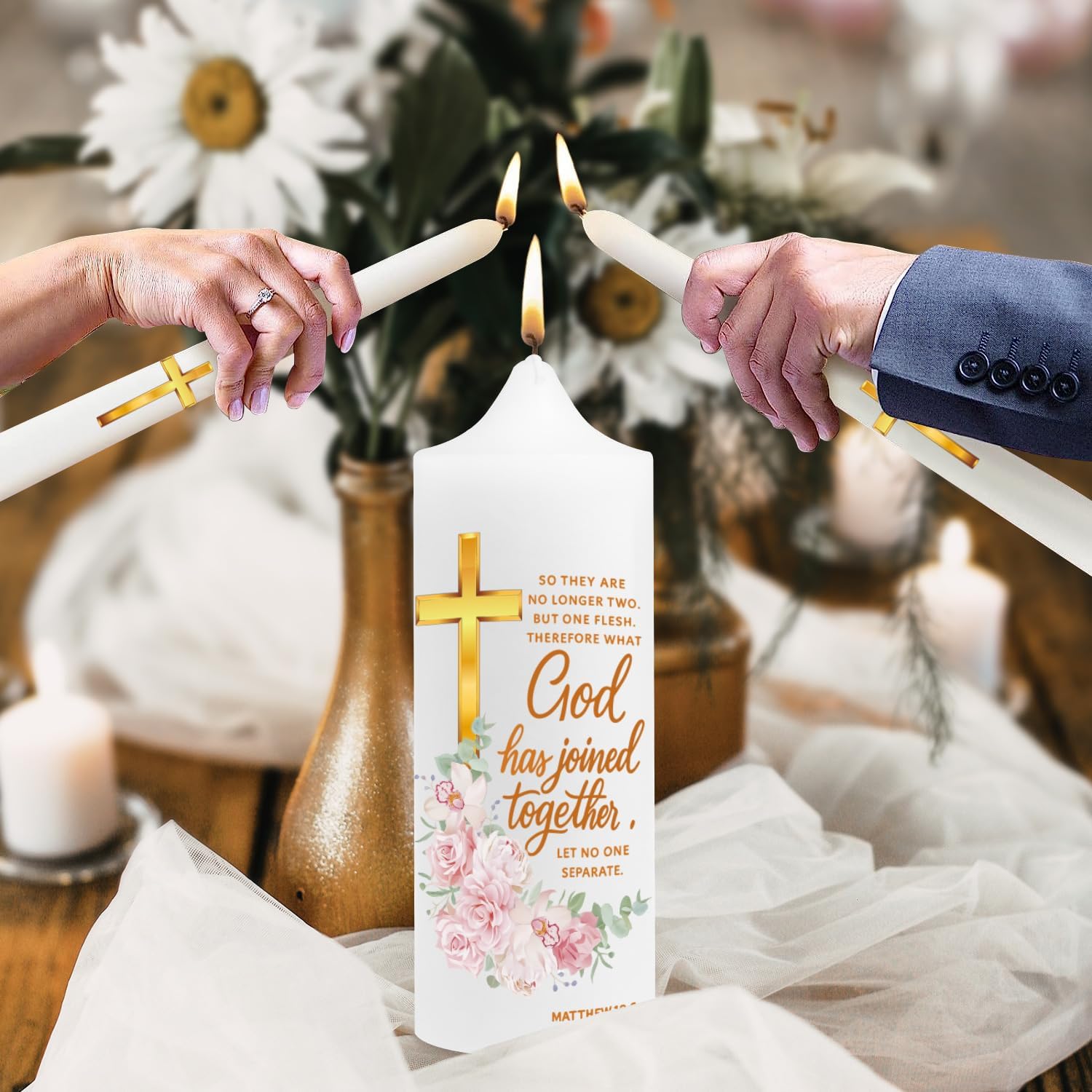 LakWilows Unity Wedding Candle Set with Distressed White & Gold Metal Holder, 3 Piece Wedding Ceremony Candles (8.27" Pillar + 2 Tapers), Cross & Matthew 19:6 Scripture, Catholic Gift for Couple