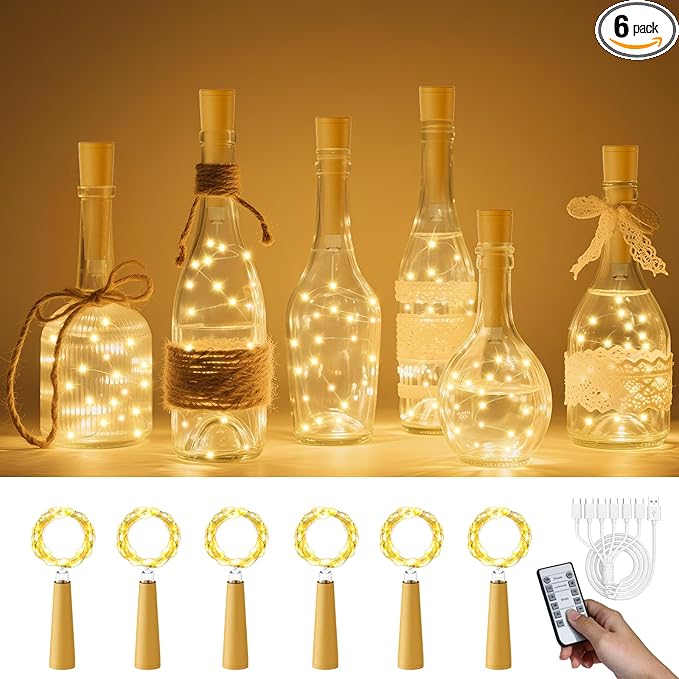 PChero USB Rechargeable Wine Bottle Lights with Cork & Remote Timer, 6 Pack 20 LED 6.6 ft Fairy String Lights for DIY Party Wedding Christmas Halloween Festival Bar Decoration