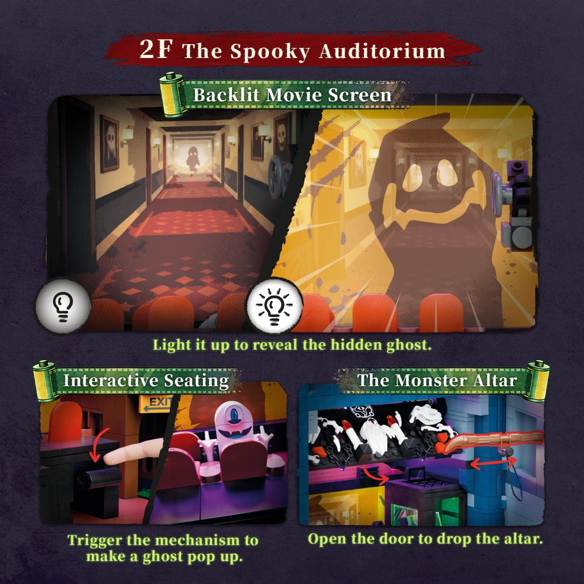 pantasy ghost cinema building set with integrated led showing dimensions