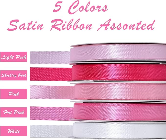 Ribest Pink Double Faced Satin Ribbon Set, 3/8 Inch White, Light Pink, Pink, Hot Pink, Fuchsia Ribbons for Valentine's Day Gift Wrapping Crafts Wedding Baby Shower, 5 Rolls × 10 Yards Total 50 Yards