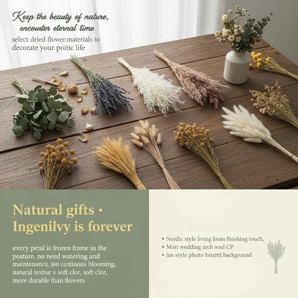 500PCS Dried Pampas Grass Bouquet – Boho Dried Flowers for Vase, White & Brown Pampas, Bunny Tails, Eucalyptus, Wheat & Lavender – Natural Floral Decor for Home, Wedding, Baby Shower &Photoshoot Props