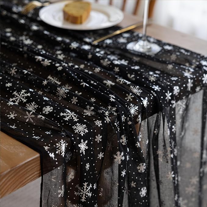 Silvery Snowflake Metallic Print Tulle Christmas Table Runner, Seasonal Winter Kitchen Dining Table Decoration for Home Party Decor 35x120 Inch (Black)