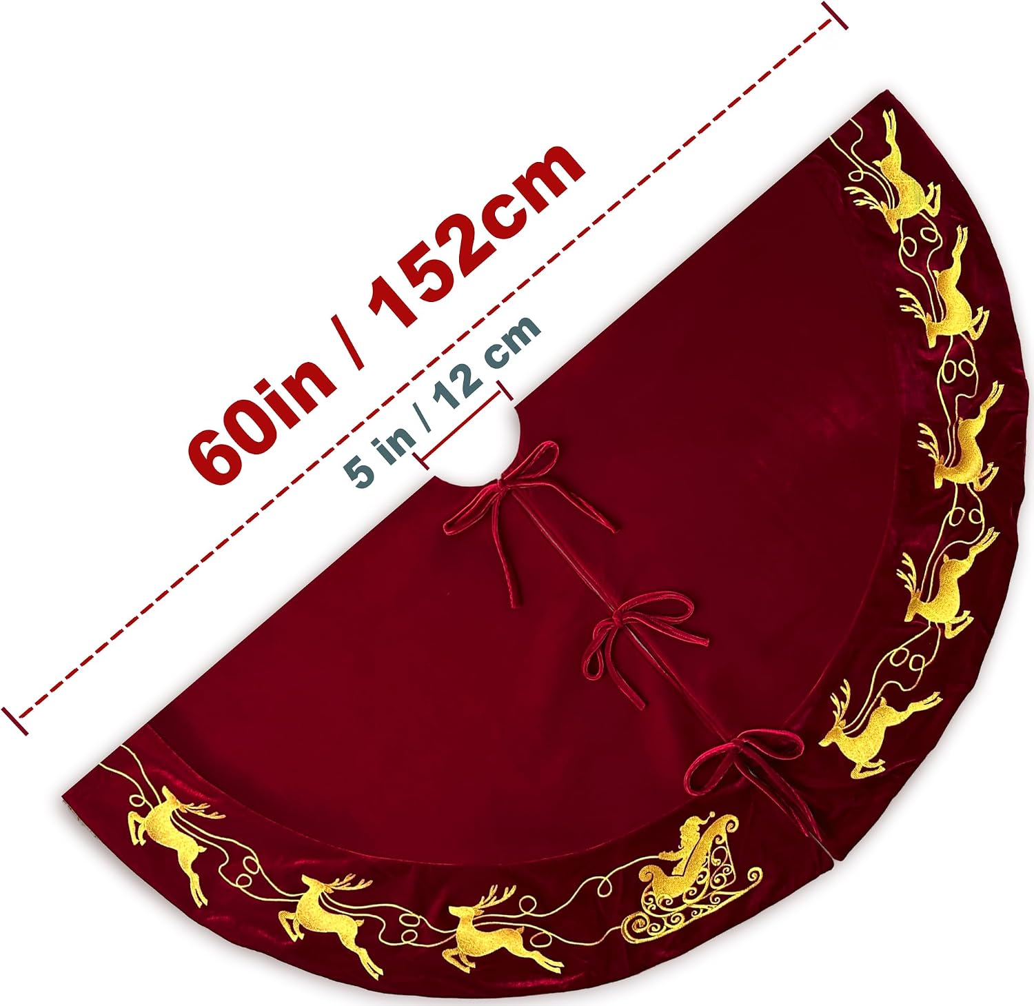 60-Inch Velvet Christmas Tree Skirt with Gold Reindeer and Santa’s Sleigh Embroidery, Lace Tie Closures, Wine
