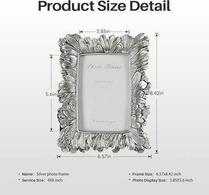 4x6 Silver Picture Frame, Vintage Silver Palm Leaves Textured Hand-Crafted Resin Frames with Glass Front, Elegant Retro Rustic Design Photo Frame for Wall and Tabletop Display Home Decor