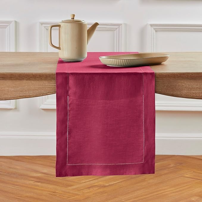 Solino Home Linen Beet Table Runner 144 Inches Long - 100% Pure Linen Extra Long Table Runner 14 x 144 Inch for Fall, Autumn, Thanksgiving - Classic Hemstitch
