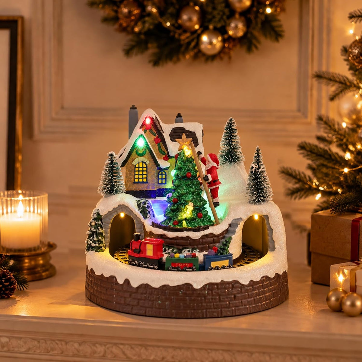mumtop christmas village house, lighted christmas train sets, side view
