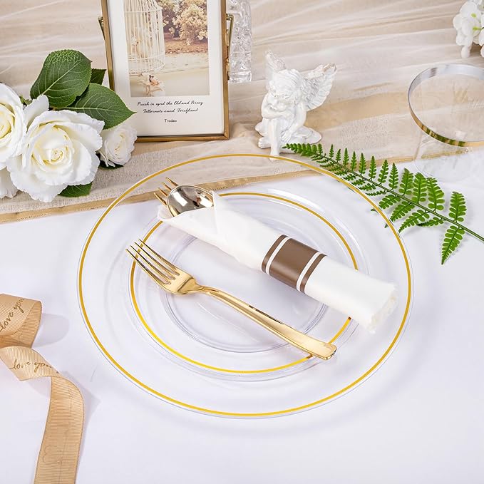 SUT 350 Pcs Gold and Clear Plastic Dinnerware Set for 50 Guests, Include: 50 Dinner Plates, 50 Dessert Plates, 50 Pre Rolled Napkins With Silverware, 50 Cups, Disposable Plates for Party, Wedding