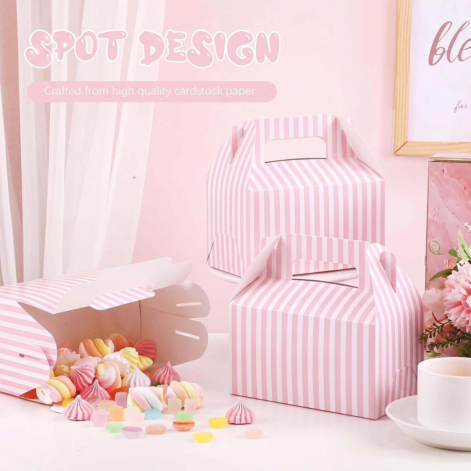 TecUnite 50 Pcs Pink Striped Party Favors Boxes Large Treat Candy Gift Boxes with Handles 6.3 x 6.3 x 3.5 Inches for Birthday Halloween Christmas Party Supplies