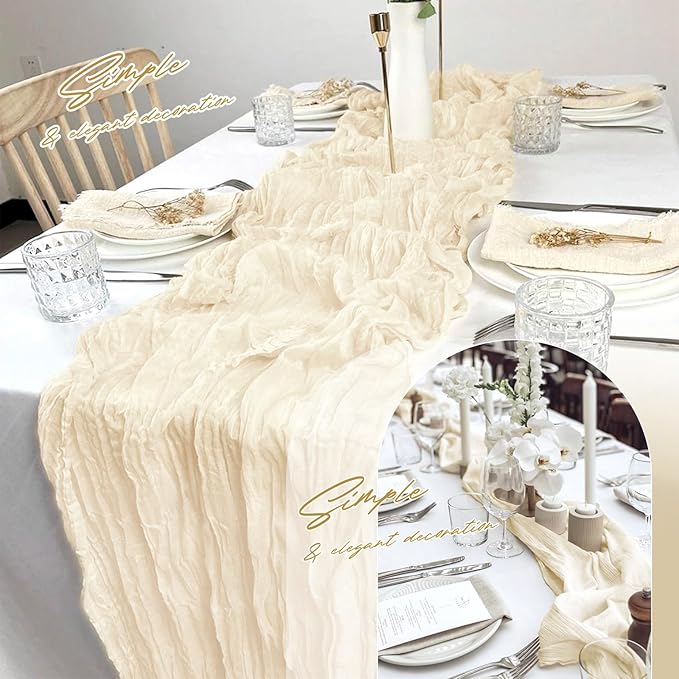 Aktor 12 Pack Ivory Table Runner Boho Cheesecloth Table Runner Semi Sheer Gauze Fabric Runners for Wedding Birthday Baby Shower Party Boho Table Decoration（Ivory）