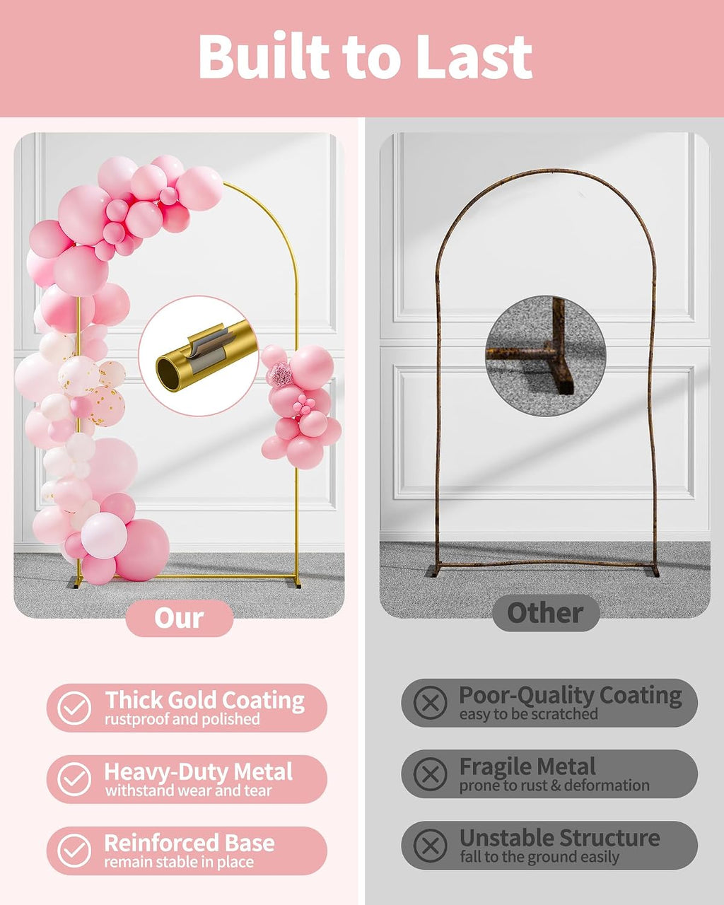 pureegg gold arch backdrop stand set, metal, set showing dimensions