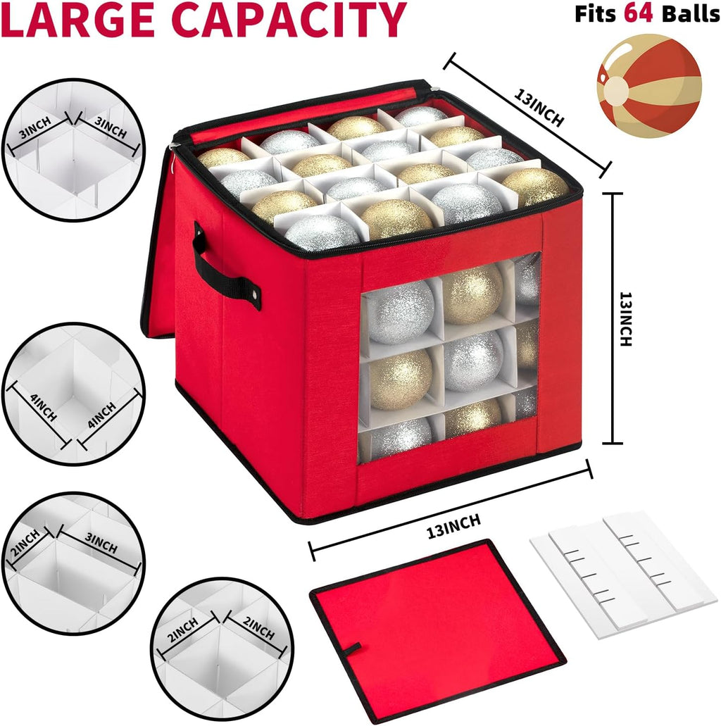 DIMESHY Christmas Ornament Storage Box With Adjustable Dividers,Ornament Storage Container with Two Handles for 64Holiday Decorations,Red