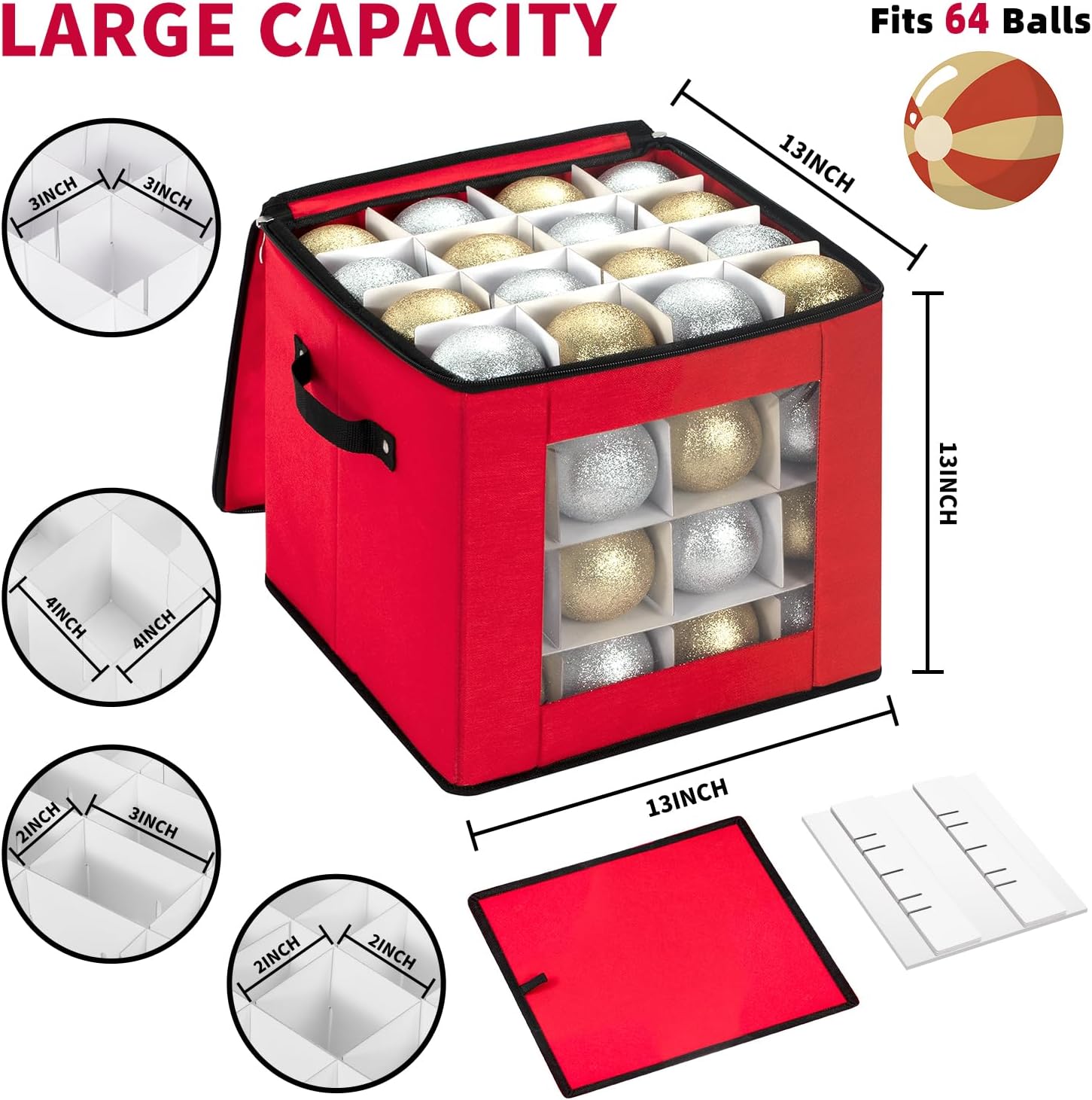 DIMESHY Christmas Ornament Storage Box With Adjustable Dividers,Ornament Storage Container with Two Handles for 64Holiday Decorations,Red