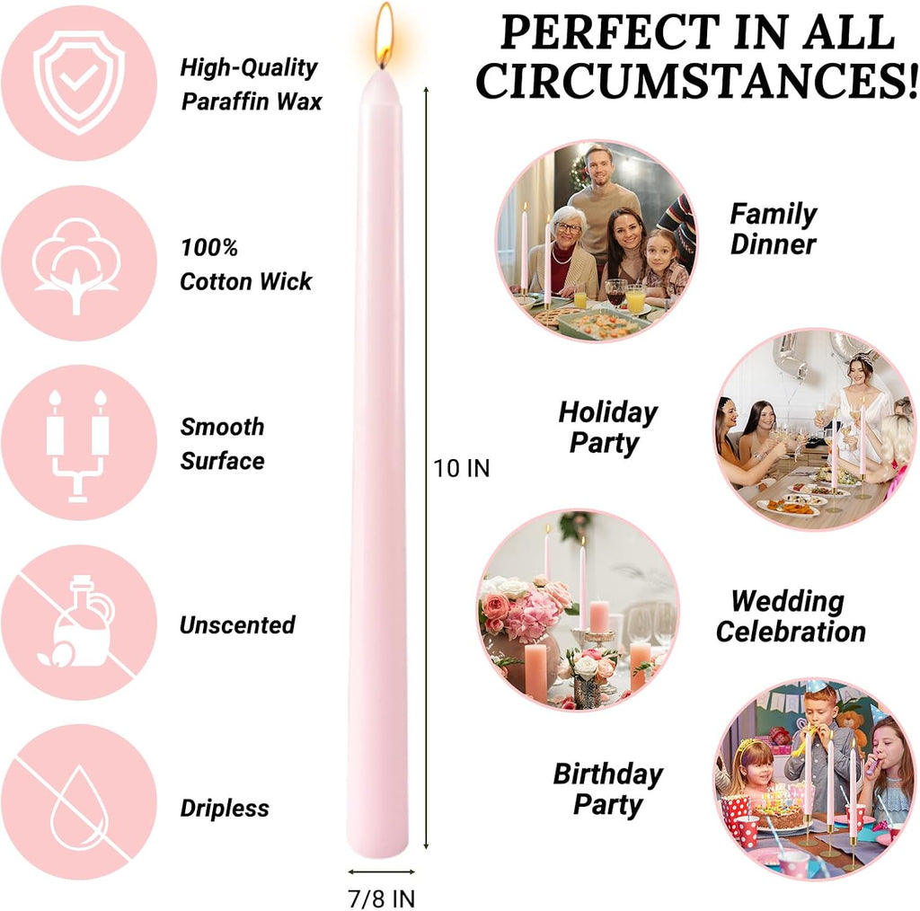 10 Inch Pale-Pink Taper Candles for Home Decoration, 10 Pack Unscented Candlesticks for Dinner Wedding Party, Smokeless and Dripless Candle Sticks