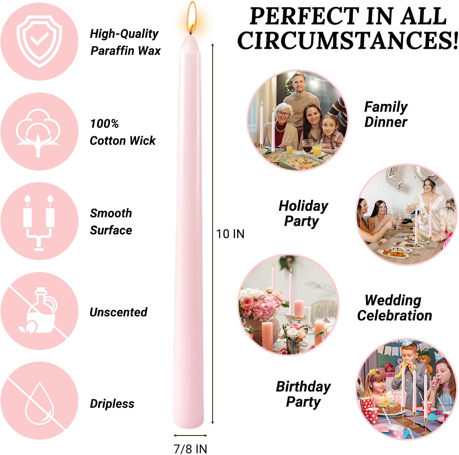 10 Inch Pale-Pink Taper Candles for Home Decoration, 10 Pack Unscented Candlesticks for Dinner Wedding Party, Smokeless and Dripless Candle Sticks