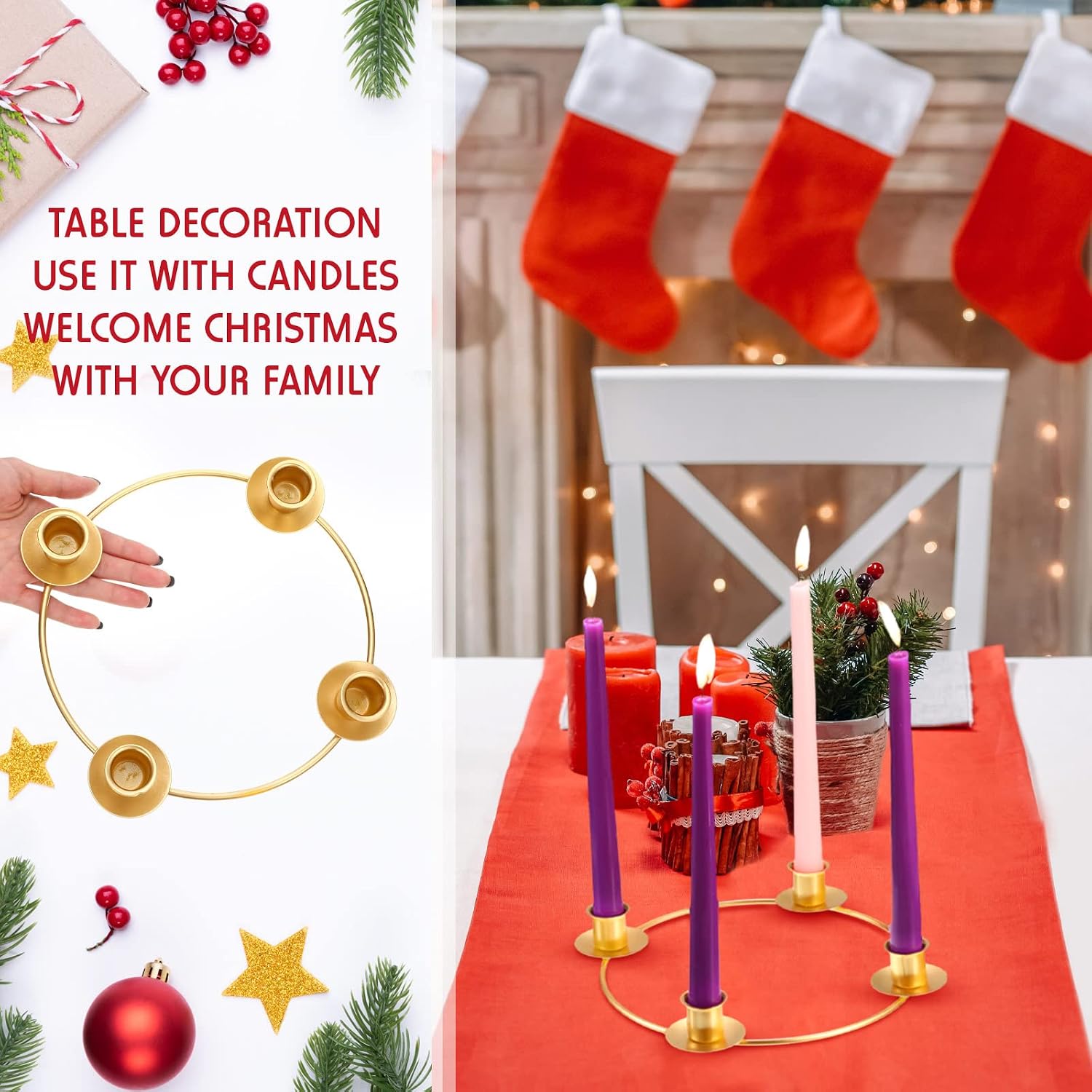 CHENGU 2 Pieces Advent Wreath Ring Candle Holder Christmas Ring Wreath Table Decoration Taper Metal Candle Holder for Christmas Advent Home Decor(Round Shape)