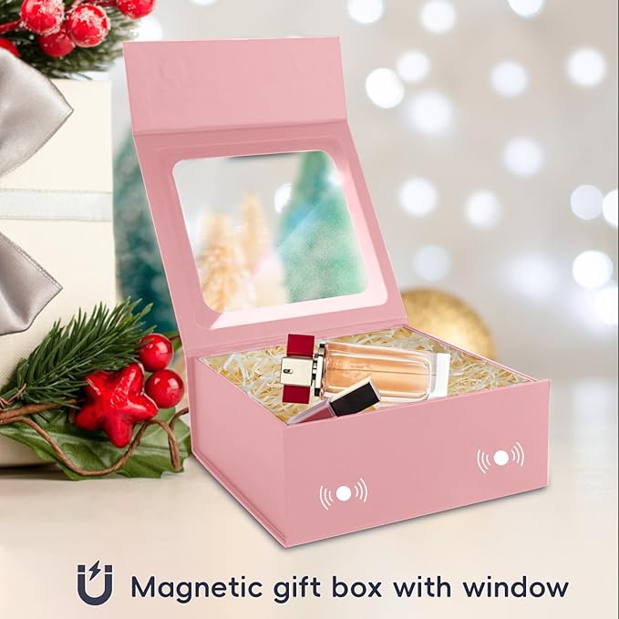 Pink Gift Boxes with Window,7.5"x7.5"x3.1" Bridesmaid Boxe for Gift Giving,Birthday Gift Box with Magnetic,Closure Lid Gift Boxes for Presents,Cute Boxe,Luxury for Gift Packaging,Gift Box for Wrapping Gifts