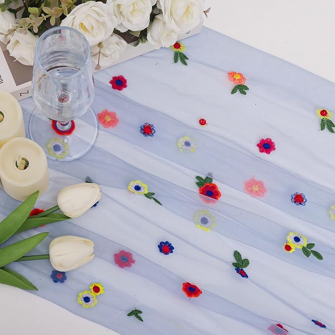 BINBE 3pcs Daisy Fall Table Runner Embroidery Gauze 10FT Florals Seasonal Tulle Holiday Birthday Kitchen Dining Table Decor for Home Party Blue
