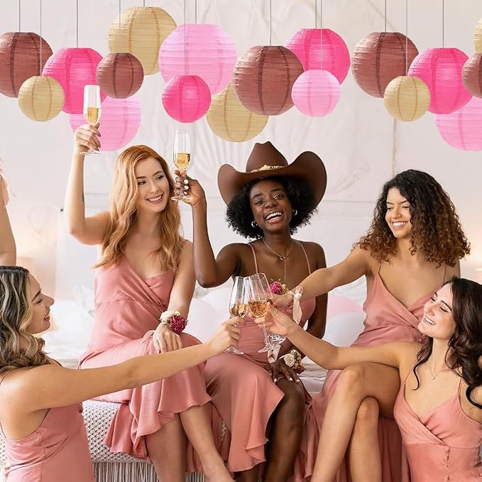 Pink Brown Paper Lanterns Decorative 12pcs Party Hanging Decorations for Western Cowgirl Party Birthday Retro Rodeo Party Supplies for Girls Baby Shower Western Room Decor