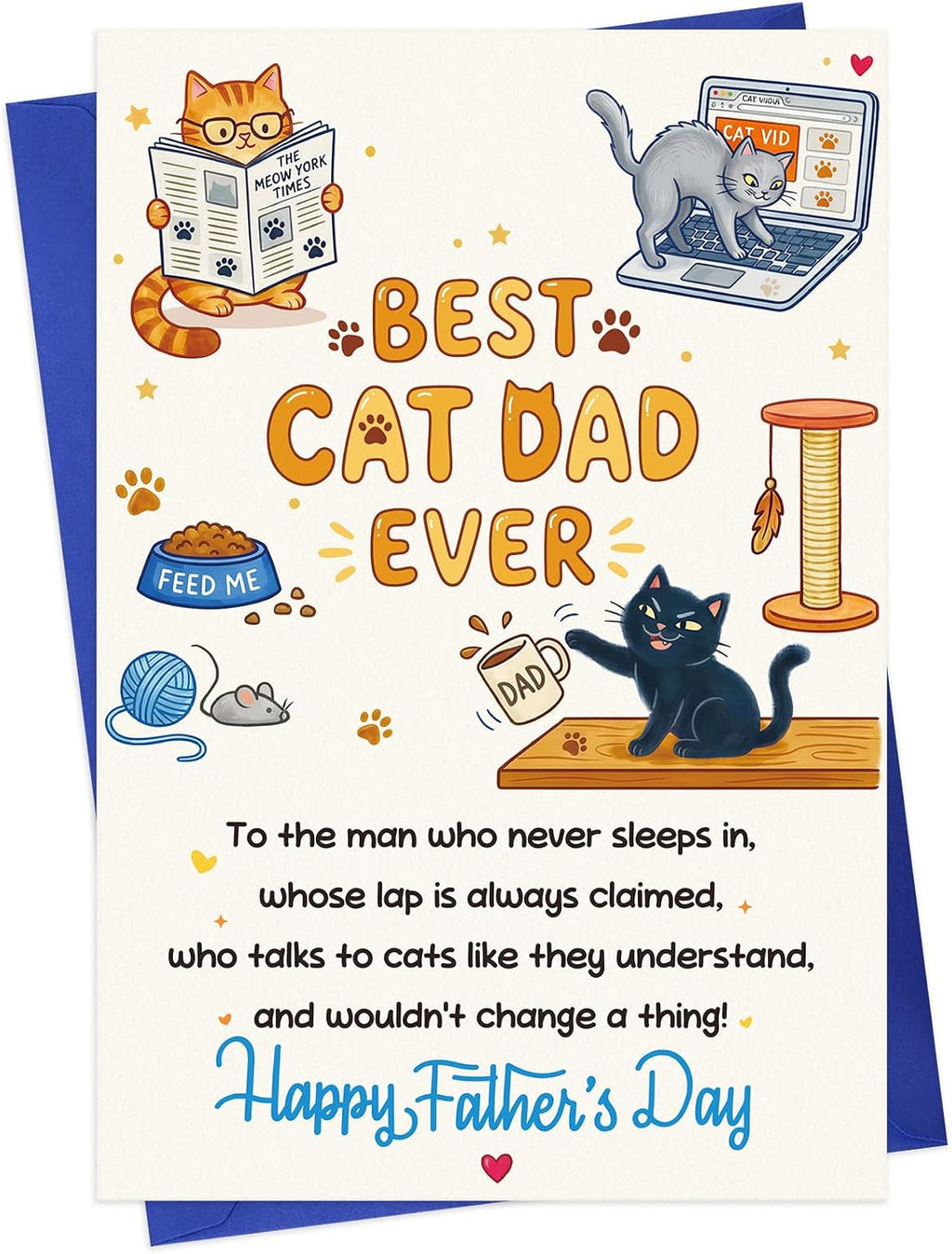 FaCraft Funny Fathers Day Card from Cat - 8x5.5 Best Cat Dad Ever Humorous Happy Fathers Day Card for Husband, Grandpa - Unique Pet Parent Gift Set with Envelope, Seal from Daughter Son