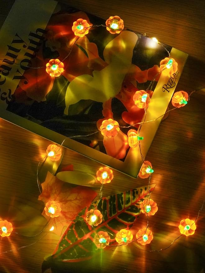 BOSSERN 2 Pack 60LED Thanksgiving Decoration 3D Pumpkin String Lights Battery Operated, 20FT Fall Lights with Remote, Waterproof 8 Modes Fairy Lights for Autumn Harvest Thanksgiving Halloween Decor