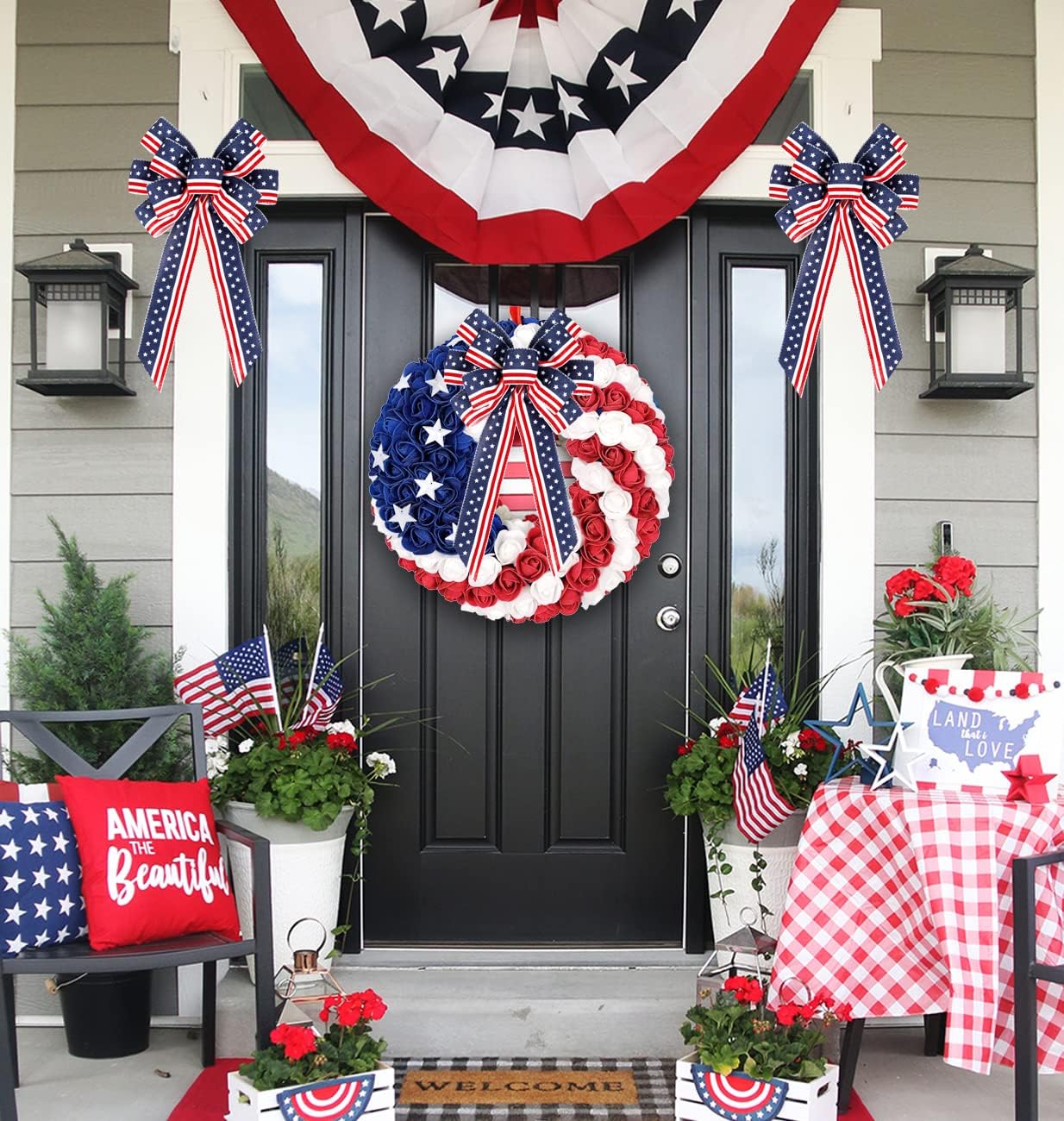 2 Pack 4th of July Decor Bow for Wreath,Red White Blue Stripe Stars Tree Topper Bows for Patriotic,Independence Day,Memorial Day,Veteran's Day,Front Door Indoor Outdoor Decorations