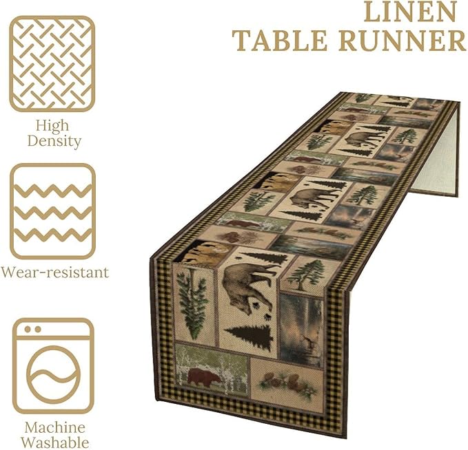 Country Lodge Bear Table Runner, Retro Vintage Bear Cottage Country Style Cabin Farmhouse Dinner Runner for Home Kitchen Dining Table Decoration,13x70 Inch