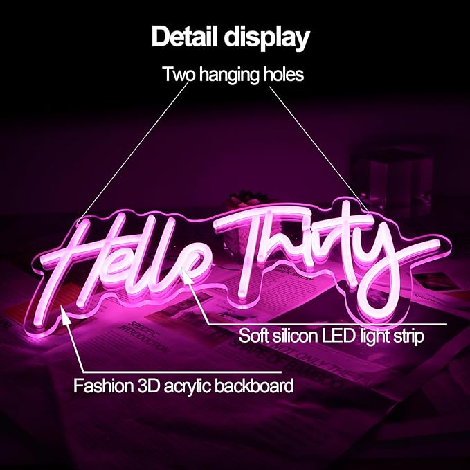 Pink Hello Thirty Neon Sign for Wall - 30th Birthday Gifts for Women Party Photo Background - Hanging Light for Wedding Anniversary Party Decor