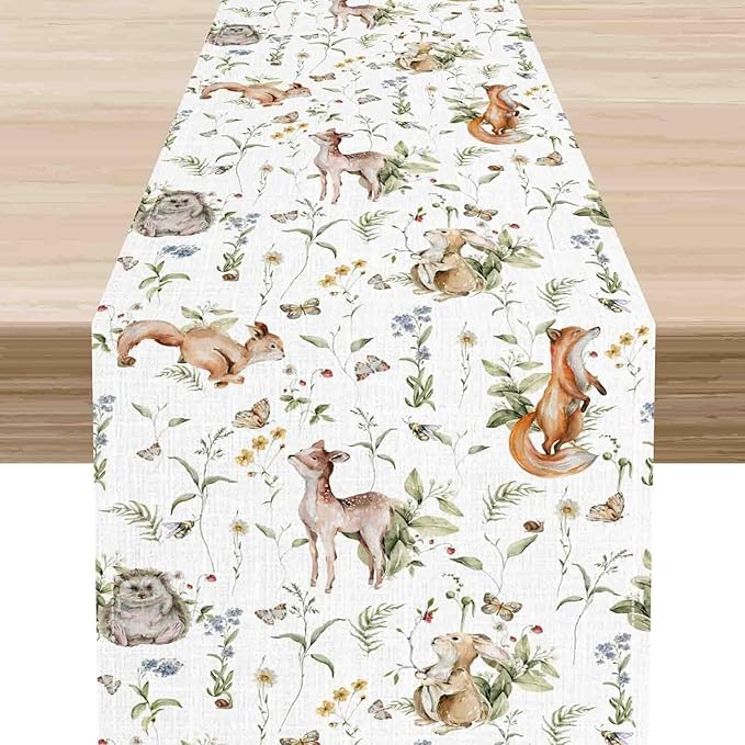 Rustic Woodland Table Runner, Farmhouse Forest Animals Mushroom Country Lodge Wild Fox Rabbits Table Center Decor for Home Kitchen Dining Patio Holiday Party Indoor Table Decorations, 13"x108" Inch