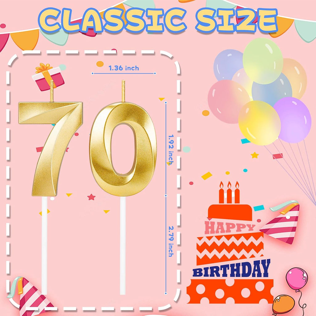 70th Birthday Candles for Cake,Gold Number Candles for Happy Birthday Cake Toppers,Birthday Decorations for Women Men Party Anniversary Wedding
