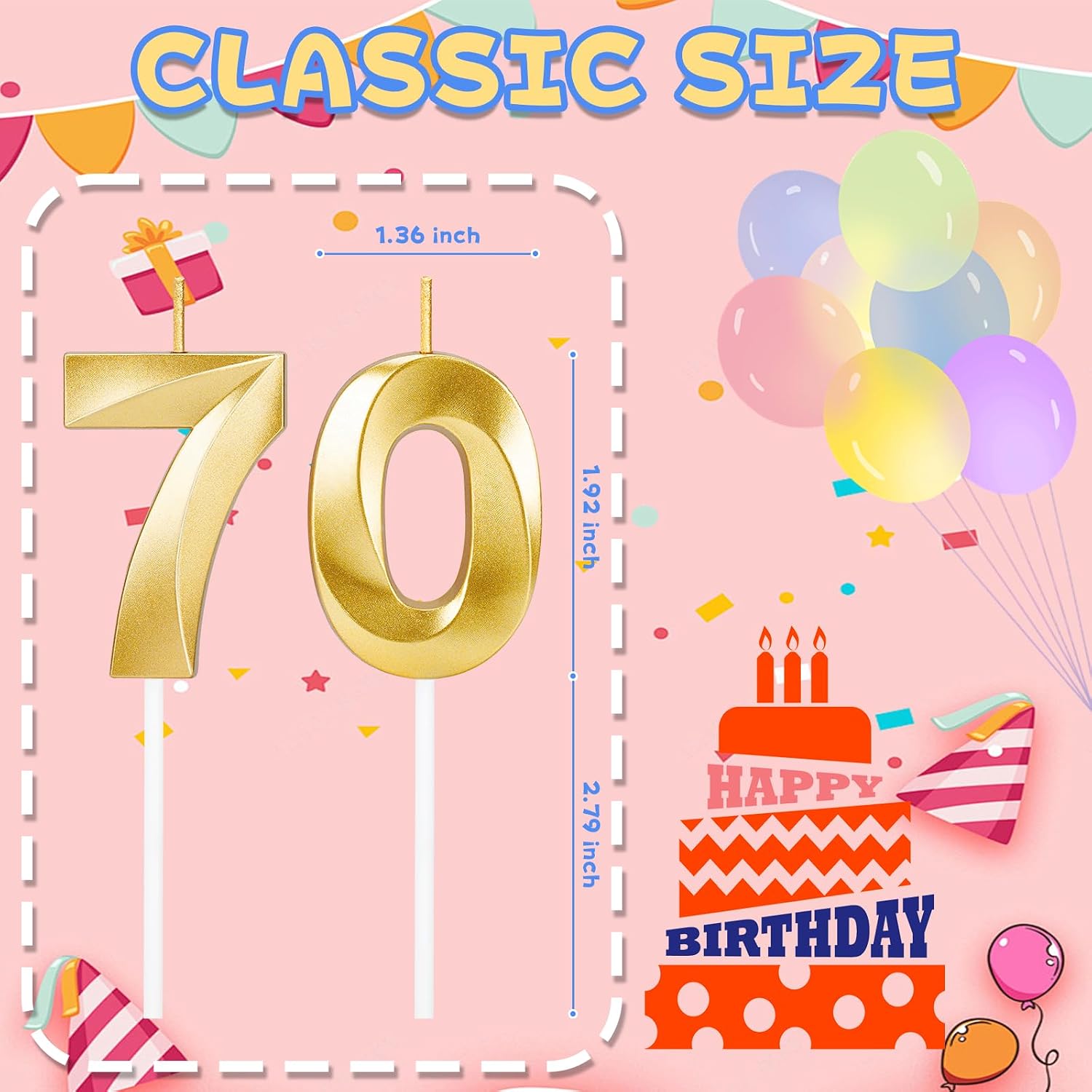 70th Birthday Candles for Cake,Gold Number Candles for Happy Birthday Cake Toppers,Birthday Decorations for Women Men Party Anniversary Wedding