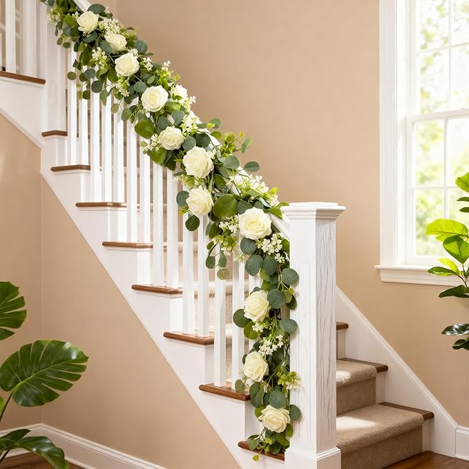 2 Pack 5.9 FT Artificial Flower Garland with Lights, Fake Floral Garland with 12 White Roses, White Flower Decorations for Arch Table Centerpieces Backdrop Party Home Wedding Decorations
