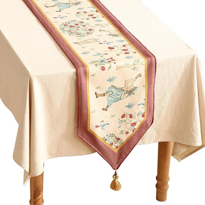 patdrea Designer Idyll Linen Extra Long Table Runner,Vintage Beige Farmhouse with Ancient Figure and Fruit Trees Pattern Table Mat, Decoration for Kitchen Dining Banquet Christmas ,12"*102"