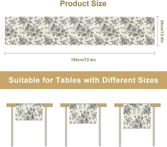 Vintage Flower Table Runner, Black White Wildfloral Floral Sketch Print Kitchen Dinning Table Runner for Indoor Outdoor Home Wedding Party Holiday, 13x108 Inch