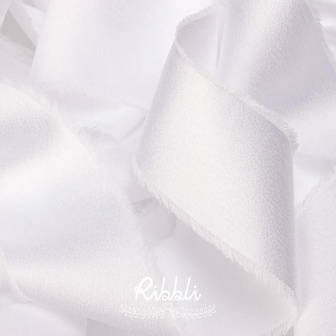 Ribbli White Silk Satin Ribbon 1.5 Inch x 12 Yard Handmade Frayed Chiffon Ribbon with Wooden Spool for Gift Wrapping, Wedding Invitations, Bridal Bouquets, Home Decor