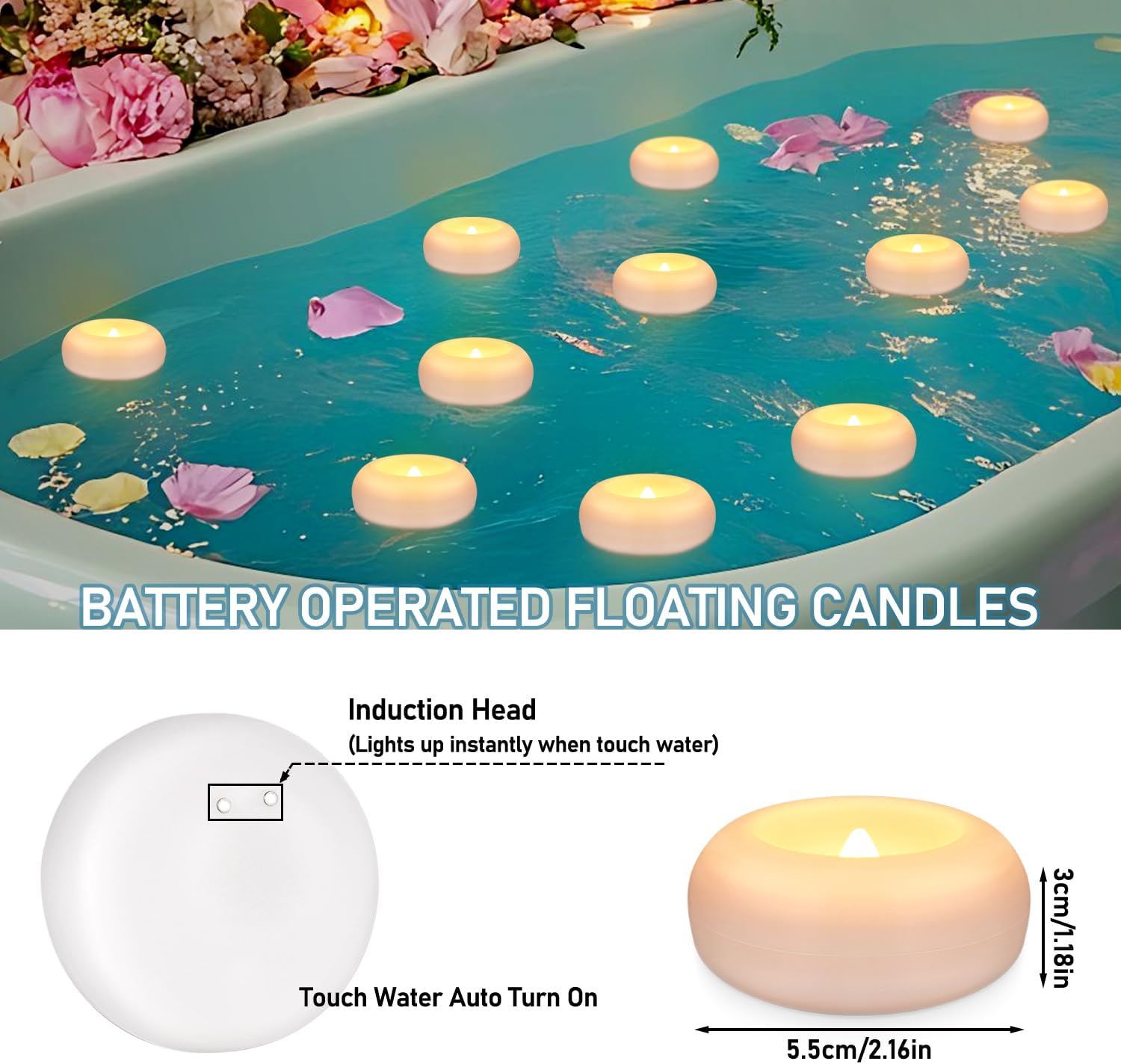 50 Pack 2”Floating Candles Water-Activated Flameless LED Candle, Warm White Battery Operate Waterproof Tealights for Cylinder Vases, Centerpieces at Wedding, Party, Pool,Romantic.