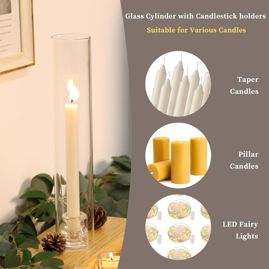 Volens Hurricane Glass Candle Holders- Set of 6 Candlestick Holders for Taper Candles with Windproof Cylinder Covers 14" Tall Clear Glass Chimney Cover for Wedding Table Centerpiece Home Decor