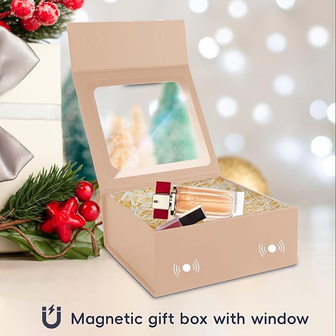 TIACABO Rose Gold Gift Box with Window,7.5"x7.5"x3.1" Bridesmaid Boxe for Gifts Giving,Birthday Gift Boxes with Magnetic,Closure Lid Gifts Boxes for Presents,Cute Box,Luxury for Gift Packaging