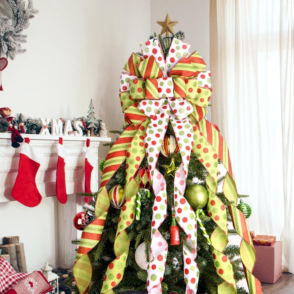 Christmas Tree Topper Wreath Bow Large Green Christmas Bow Tree Topper, 45"x13" Red Green Dot Polyester Gift Ribbon for Xmas Ornament Holiday Home Wedding Thanksgiving Indoor/Outdoor Decoration