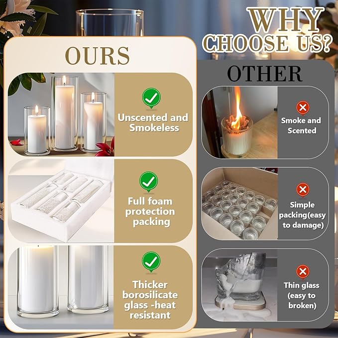 24 PCS Ivory White Pillar Candles with Glass Candle Holders Clear Hurricane Candle Holders Glass Cylinder Vases for Centerpieces Wedding Party, Event, Home Office (12 Candles+12 Candle Hoders)